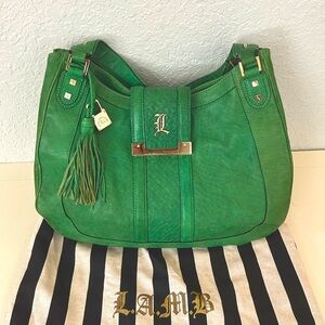 L.A.M.B. Gwen Stefani Green Leather Shoulder Bag Purse Large L Padlocks EUC